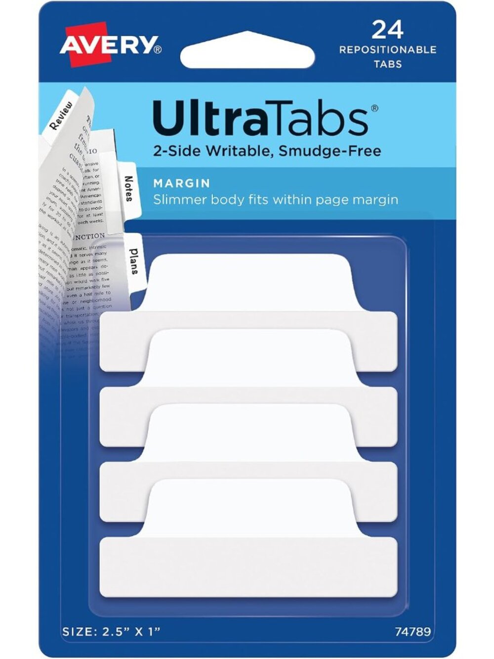 Margin Ultra Tabs, 2.5" x 1", Repositionable, White, 24 Tabs